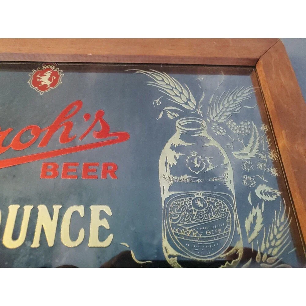 Vtg Antique Stroh's Beer Seven Ounces Mirror Sign Advertisement W/ Wooden Frame